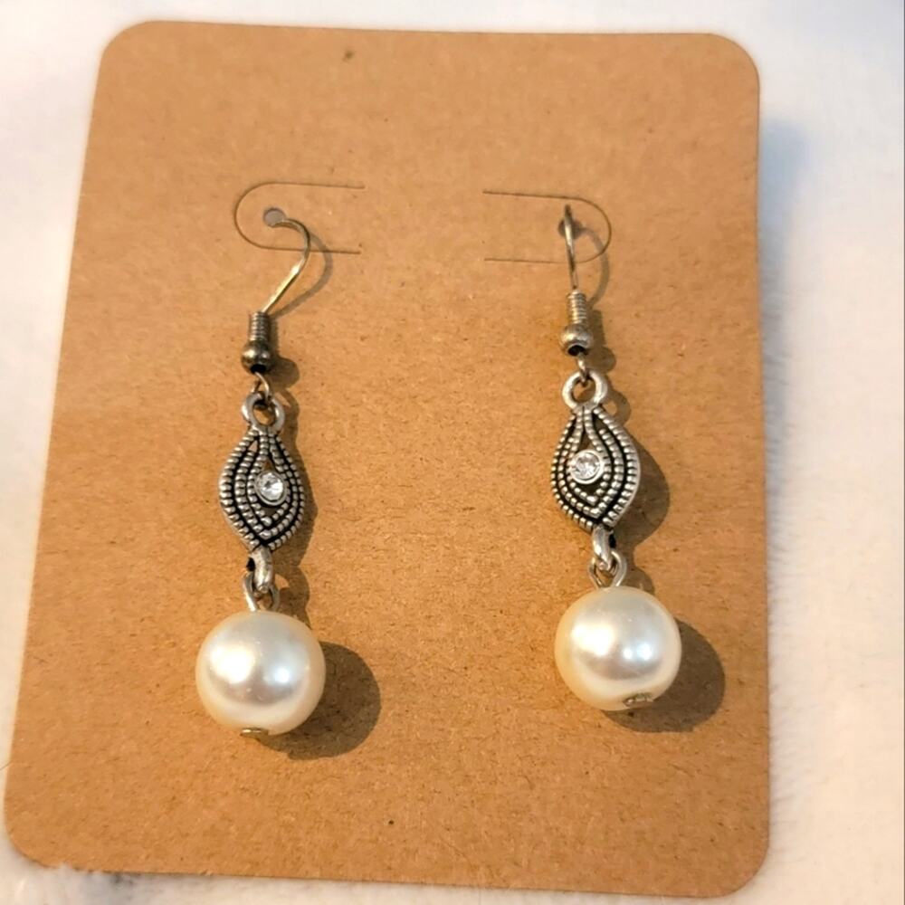 Handmade Silver Tone Faux Pearl Drop Earrings Rhinestone Engraved Boho Dangle